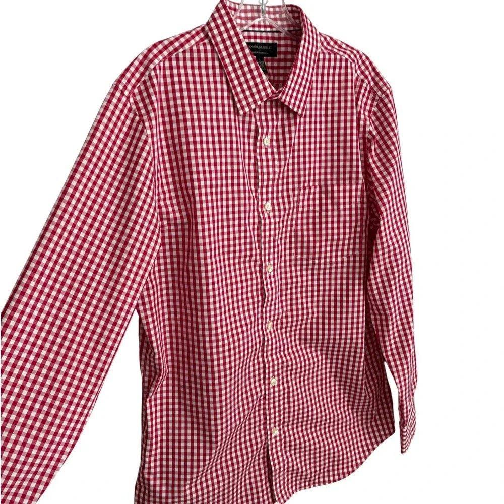 Banana Republic Mens Red Gingham Non Iron Tailored Slim Fit Shirt Large 16-16.5